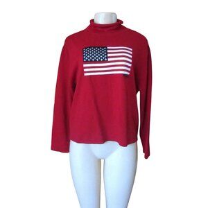 Vintage St John Marie Gray Red American Flag Mock Neck Sweater Small